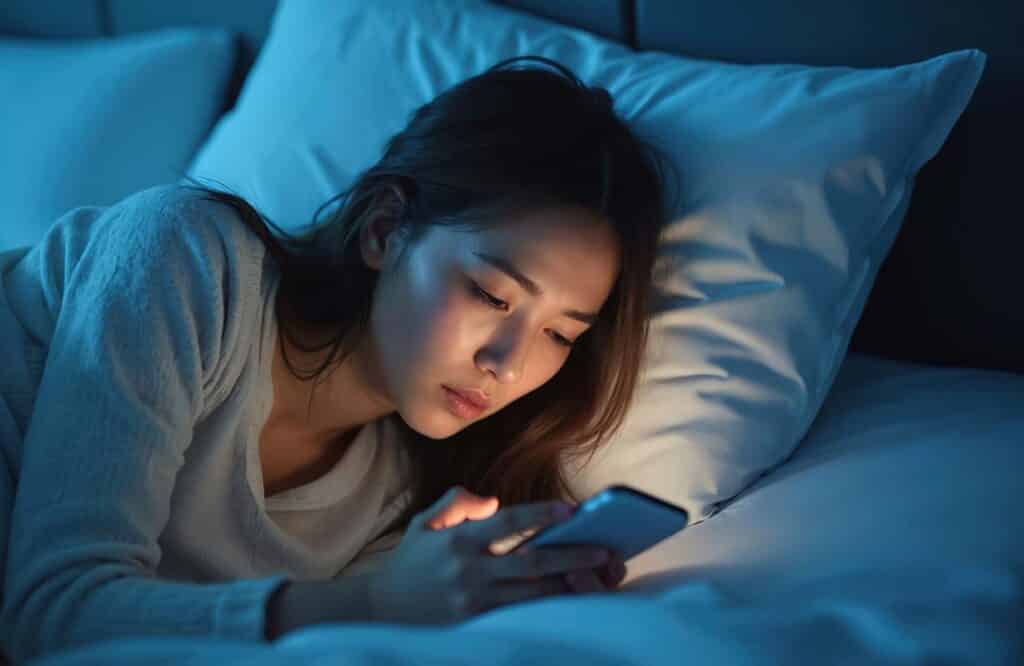 Young woman looking at her phone in bed