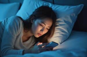 Young woman looking at her phone in bed